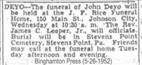 Deyo, John Funeral Notice